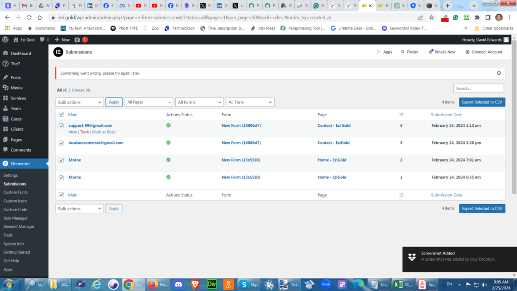 elementor submissions move to trash error