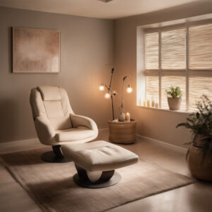 a serene therapy room with a comfortable chair and soft lighting, evoking a sense of calm and relaxation.