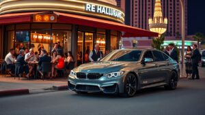 A sleek, silver BMW rental from RentaCar24.org is parked on a street at dusk near a bustling restaurant with a neon sign. People dine at outdoor tables under the warm glow of the lights. Tall buildings loom in the background, adding to the urban, lively atmosphere.