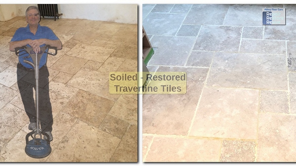 An image of soiled compared to restored travertine tiles