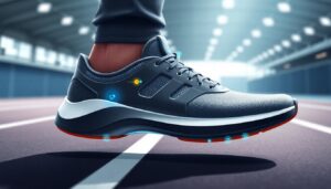 A close-up of a gray Xero XB+ SmartShoe with a blue sole and red accents inside an indoor track facility. Small glowing icons hint at CES 2025 advancements in running form optimization. The background is tastefully blurred.