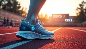 A runner's foot wearing the innovative Xero XB+ SmartShoe is on a track during sunset. The blue shoe features digital elements for running form optimization. In the background, a scoreboard reads 'XERS' and 'CES 2025'.
