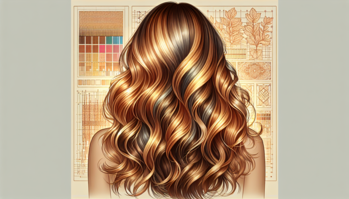 Golden blonde highlights on brown hair, styled in loose waves, enhancing warm skin tones.