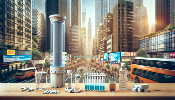 Urban scene with various water purification devices including LifeStraw, Sawyer filters, and chemical tablets for safe drinking water.