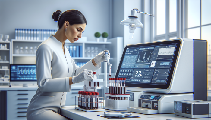 Technician analyzing blood samples for alcohol concentration in a medical lab using advanced equipment.