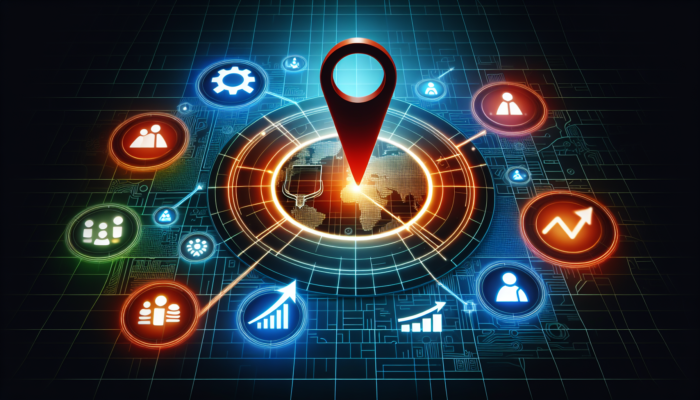 A digital map highlighting a business location with search icons and upward trending graphs, symbolizing increased visibility via Google Business registration.