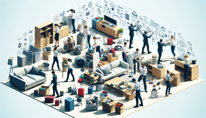 A skilled team conducting a house clearance, systematically organizing items in a well-lit room.