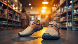 A pair of Xero barefoot shoes displayed on a surface, showcasing their flexible design.