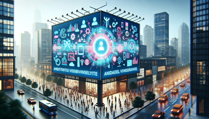 A digital billboard with a brand's logo in a bustling city, showcasing Bing Business's impact on online visibility.