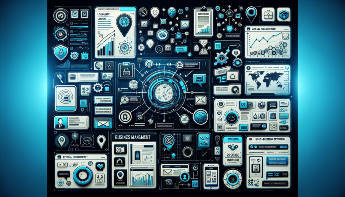 A Google Business Account dashboard with icons for local search, Google Maps, and customer reviews, enhancing online visibility and customer engagement.