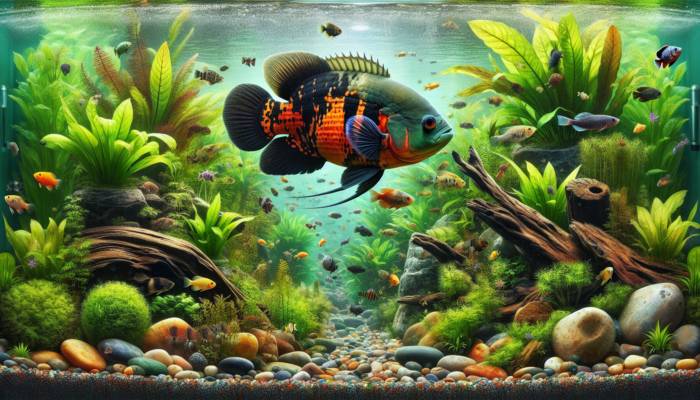 A vibrant aquarium featuring an Oscar fish, lush aquatic plants, colorful rocks, and pristine water.