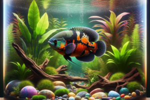 A vibrant aquarium with a healthy Oscar fish, lush aquatic plants, and colorful decorations.