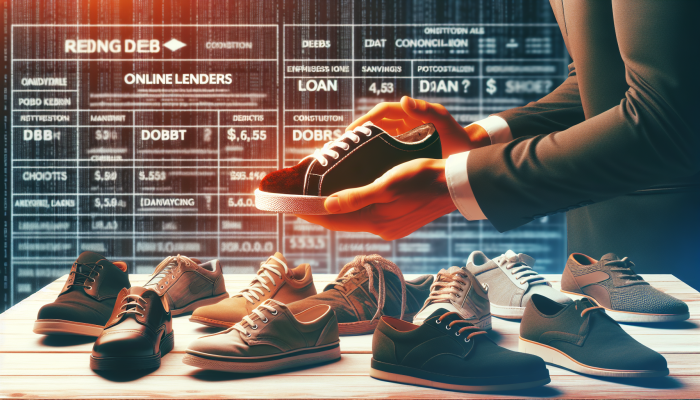 Online Lenders For Debt Consolidation Loans: The Ultimate Guide | DCL Online Lenders For Debt Consolidation Loans: A person choosing shoes, symbolizing selecting online lenders, with financial charts and loan documents in background.