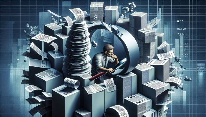 Strategies to Overcome Debt Consolidation Setbacks: A Comprehensive Guide | DCL Individual analyzing towering bills and financial documents with a magnifying glass, surrounded by debt charts and graphs.