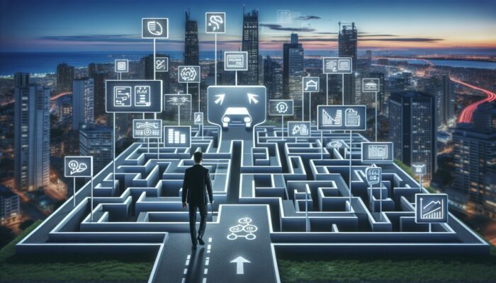 A person confidently navigating a maze symbolizing rental car policies in a modern cityscape at twilight.