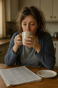 Tired lady drinking coffee