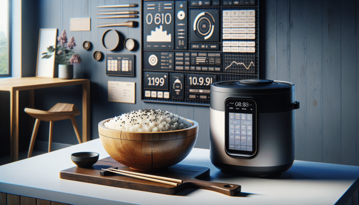 A modern kitchen featuring a rice cooker and a wooden hangiri bowl filled with sushi rice.