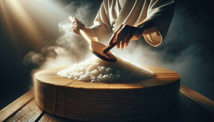 Chef using a paddle to fluff glossy, cohesive sushi rice in a wooden hangiri, with steam rising.