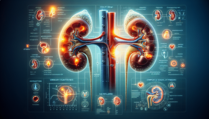 An illustration of kidneys showing health indicators like GFR, creatinine, urine protein, and symptoms such as fatigue, leg swelling, and altered urination.