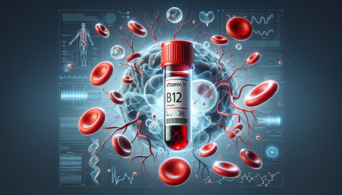 A blood test vial labeled 'Vitamin B12' with neural pathways and red blood cells.