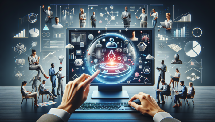 Digital workspace showcasing Google My Business on screen, with experts collaboratively strategizing to improve online visibility.