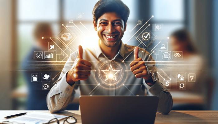 A local business owner engaging positively with customers online, surrounded by positive feedback and a glowing reputation icon.