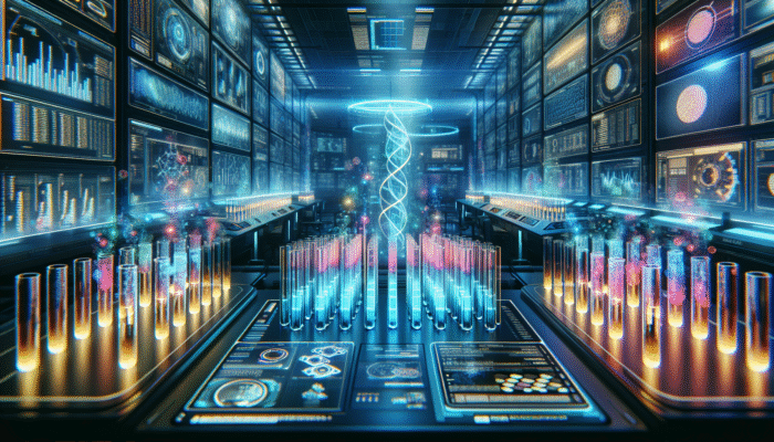 A modern laboratory featuring glowing test tubes and digital displays showing protein absorption data.