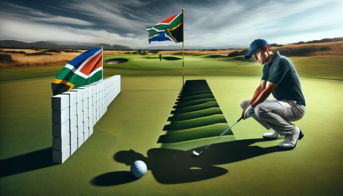 A South African golfer confronting mental blocks, depicted as an invisible barrier with looming shadows of doubt and fear on the green.
