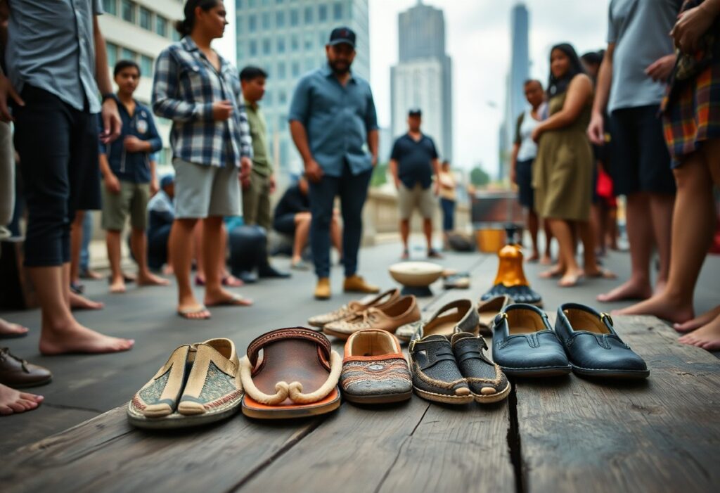 A group of people stand barefoot in a circle on a wooden platform in an urban setting, with various pairs of shoes arranged neatly in the center. Tall buildings are visible in the background.