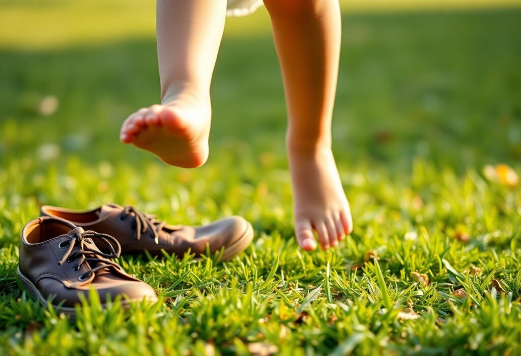 A child's bare feet hover above green grass next to a pair of brown shoes on a sunny day.