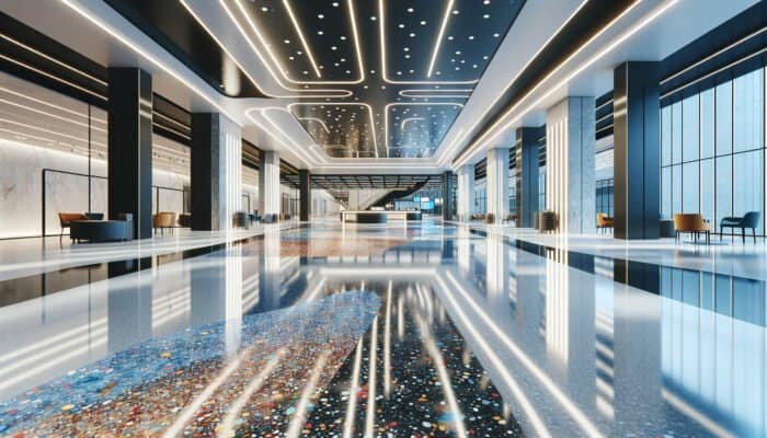 Colorful epoxy terrazzo flooring in a modern commercial space, reflecting light and durability.