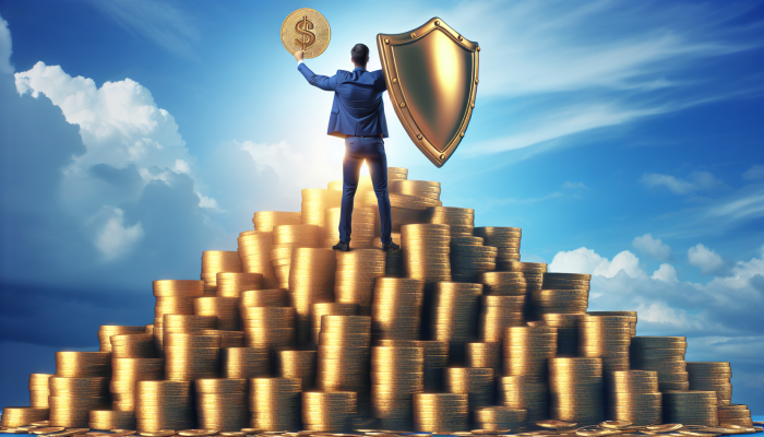 Techniques to Avoid New Debt After Consolidation: A Guide | DCL A person on a gold coin mountain, symbolizing financial security, with a shield representing an emergency fund.