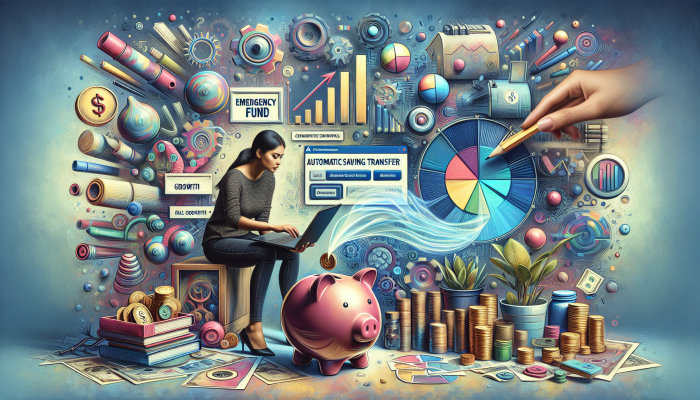 Techniques to Avoid New Debt After Consolidation: A Guide | DCL A person using a laptop to set up automatic savings transfer, with growth charts and an 'Emergency Fund' piggy bank.