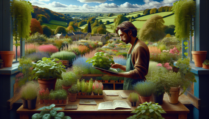 A gardener in a Cotswolds nursery, surrounded by rare herbs like Lemon Verbena and Siberian Chervil.