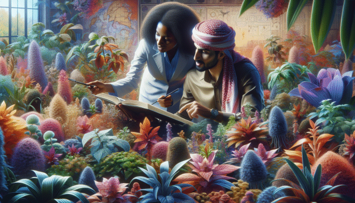 A person and a botanist exploring a vibrant botanical garden, discovering rare herbs.