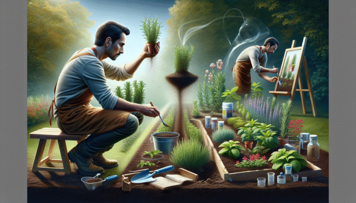 A UK gardener preparing soil for rare herbs, testing pH and nutrients, using compost, manure, perlite, and vermiculite, with thriving rosemary and mint.