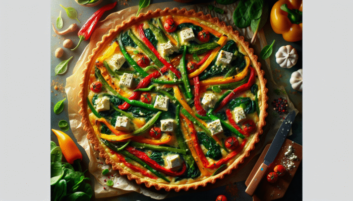 A spring vegetable tart with feta, goat cheese, and mozzarella on a golden, flaky crust.