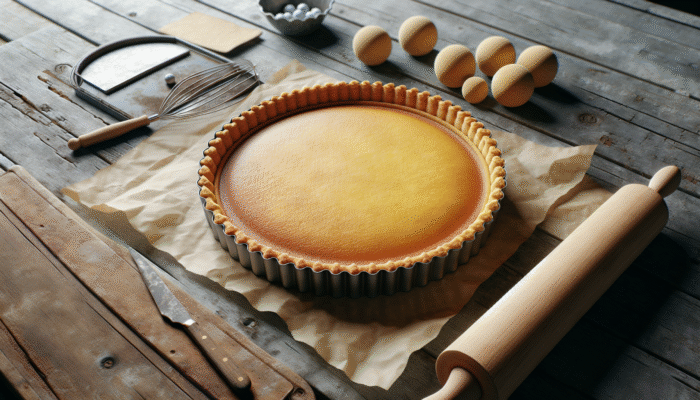 Golden tart base on rustic counter, crisp edges, light golden color, with baking weights and parchment paper.