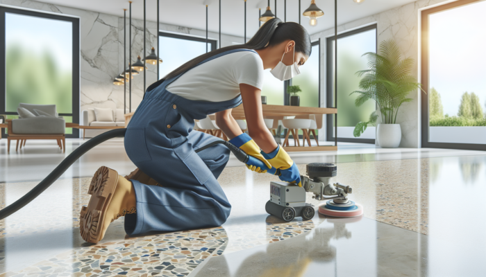 A technician utilizing grinding equipment to restore an uneven terrazzo floor in a contemporary home.
