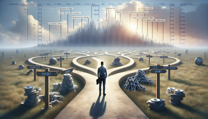 Debt Consolidation Loans for Non-Residents: A person at crossroads with multiple debt paths merging into one clear path, financial graphs, serene sky.