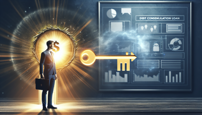 A non-resident in the UK unlocks financial freedom with a debt consolidation loan, symbolized by a glowing key.