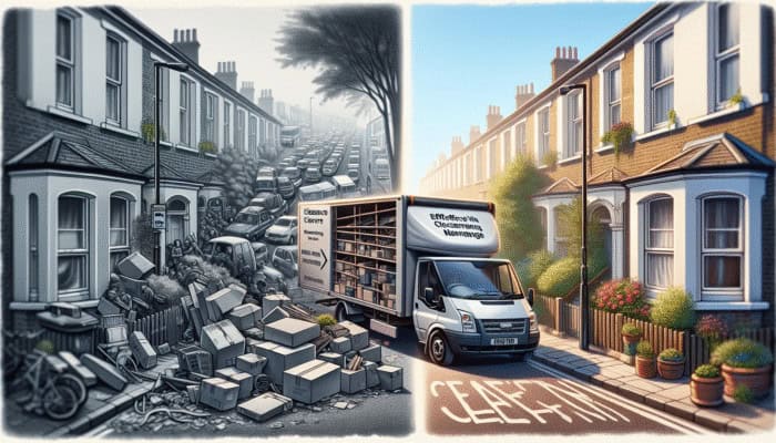 Urban London street with congested clearance van versus a tranquil suburban area with efficient van access.