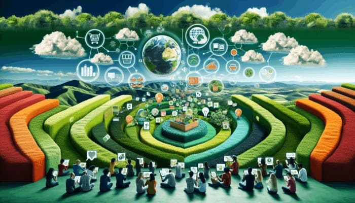 Infographic illustrating sustainable living trends, zero-waste tips, and eco-friendly product reviews, showcasing diverse consumers using digital devices.