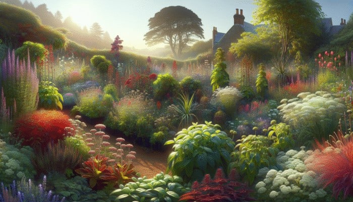A UK herb garden illustrating herbs thriving or wilting under varying levels of sunlight.