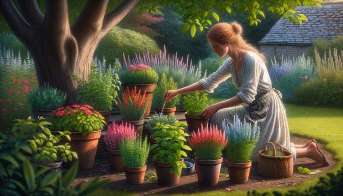 A gardener adjusting herb placements seasonally in the UK for optimal health and growth.