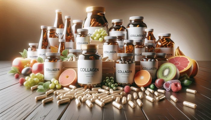 Various bottles and capsules of collagen supplements displayed on a wooden table surrounded by fruits and vegetables.