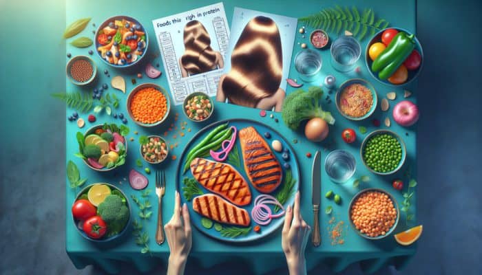 A table featuring grilled chicken, salmon, lentils, and chickpeas, representing protein-rich foods beneficial for hair health.