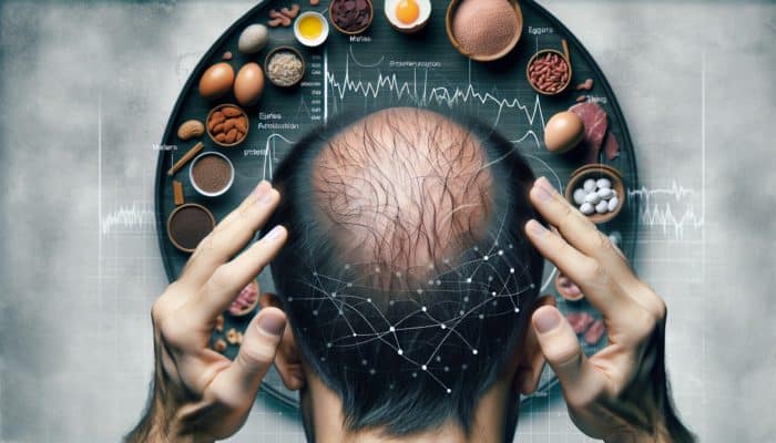 Scalp showing thinning, brittle hair and patches of loss next to protein-rich foods like eggs, meat, and legumes.