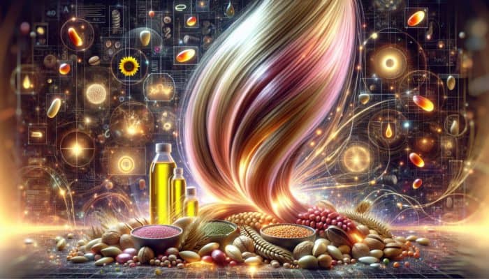 Lustrous hair strands coated with omega-6 fatty acids, surrounded by nuts, seeds, and oil bottles.