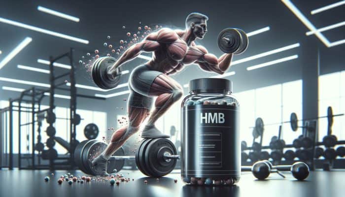 Comparison of Leading HMB Supplements: A muscular bodybuilder lifting weights in a gym, with HMB supplement nearby, showcasing increased lean muscle and minimal fat.